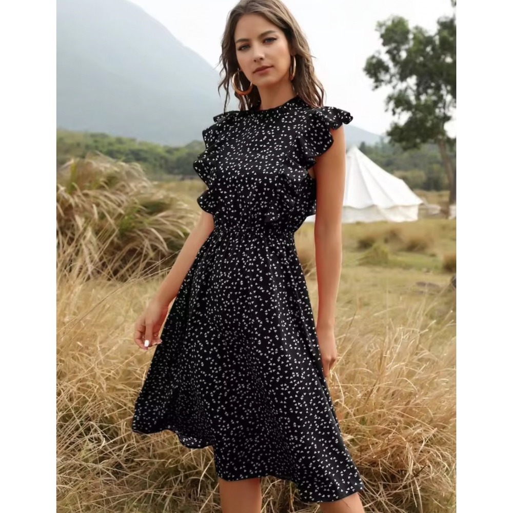 Black Heart Print Dress Sz XL Butterfly Sleeve Black Ruffle Mock Neck Midi Shein